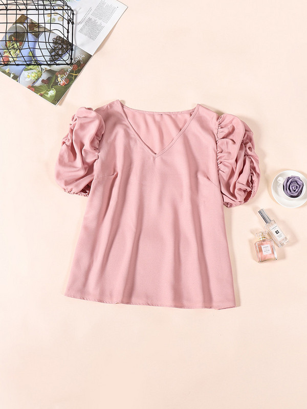Finjani majica s puf rukavima s naborima, nova ljetna 2022., ležerna široka majica s V-izrezom i kratkim rukavima za žene