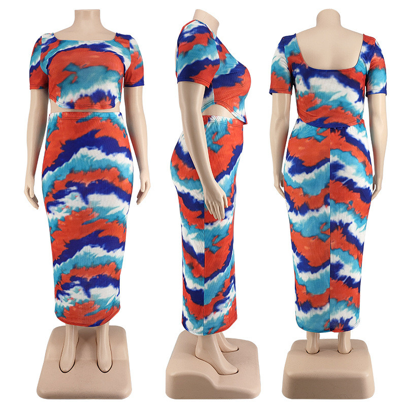 SOMO liela izmēra apģērbi, sieviešu apģērbi, 2022. gada vasaras rievotas sloksnes digitālā druka Divdaļīgs svārku komplekts, vairumtirdzniecība, piegāde