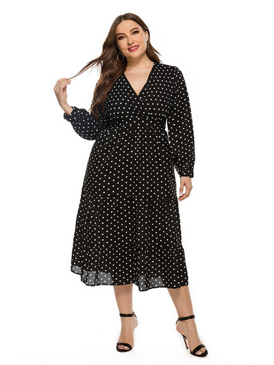 Msfilia Ανοιξιάτικη Καλοκαιρινή Μόδα Χαλαρή Plus Size Γυναικείο φόρεμα V λαιμόκοψη μακρυμάνικο πουά