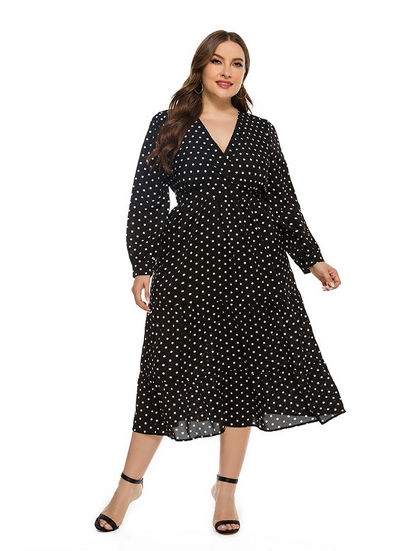 Msfilia Ανοιξιάτικη Καλοκαιρινή Μόδα Χαλαρή Plus Size Γυναικείο φόρεμα V λαιμόκοψη μακρυμάνικο πουά