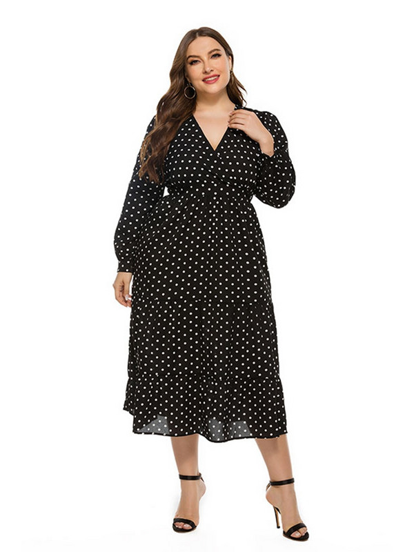 Msfilia Ανοιξιάτικη Καλοκαιρινή Μόδα Χαλαρή Plus Size Γυναικείο φόρεμα V λαιμόκοψη μακρυμάνικο πουά