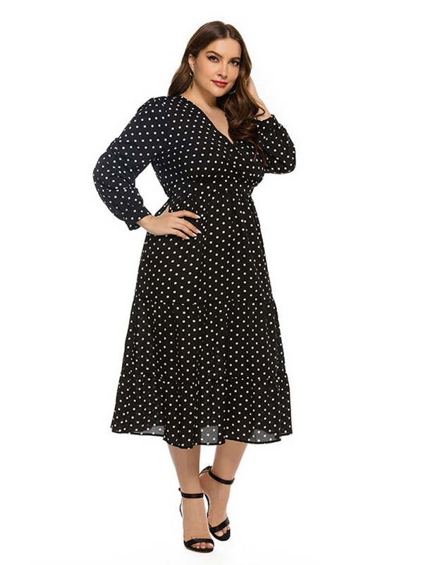 Msfilia Ανοιξιάτικη Καλοκαιρινή Μόδα Χαλαρή Plus Size Γυναικείο φόρεμα V λαιμόκοψη μακρυμάνικο πουά