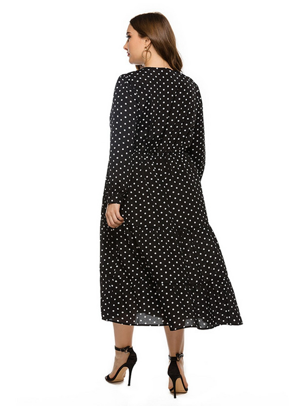 Msfilia Ανοιξιάτικη Καλοκαιρινή Μόδα Χαλαρή Plus Size Γυναικείο φόρεμα V λαιμόκοψη μακρυμάνικο πουά