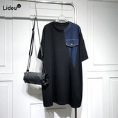 Κορεάτικο μπλουζάκι με στρογγυλή λαιμόκοψη τζιν ίσιο φόρεμα Καλοκαιρινό μαύρο ευέλικτο, κοντό μανίκι, μεσαίου μήκους έκδοση