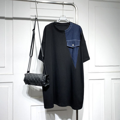 Κορεάτικο μπλουζάκι με στρογγυλή λαιμόκοψη τζιν ίσιο φόρεμα Καλοκαιρινό μαύρο ευέλικτο, κοντό μανίκι, μεσαίου μήκους έκδοση