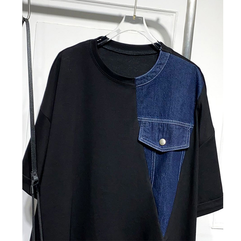 Κορεάτικο μπλουζάκι με στρογγυλή λαιμόκοψη τζιν ίσιο φόρεμα Καλοκαιρινό μαύρο ευέλικτο, κοντό μανίκι, μεσαίου μήκους έκδοση