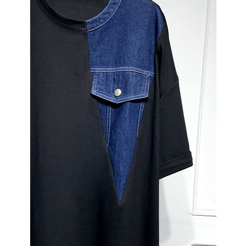 Κορεάτικο μπλουζάκι με στρογγυλή λαιμόκοψη τζιν ίσιο φόρεμα Καλοκαιρινό μαύρο ευέλικτο, κοντό μανίκι, μεσαίου μήκους έκδοση