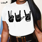 Női póló, 2022 Utcai divat, kerek nyakú, forró bélyegzőnyomtatás, laza fehér, minden egyezésű plusz méretű, rövid ujjú felsők nyári ruhák