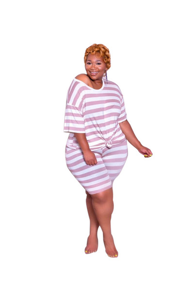 SOMO 2023 Fashion Plus Size Clothing Crew Kakla augšdaļa un īsas bikses Divdaļīgs komplekts Sieviešu svītru tērpiem Vairumtirdzniecība Dropshipping