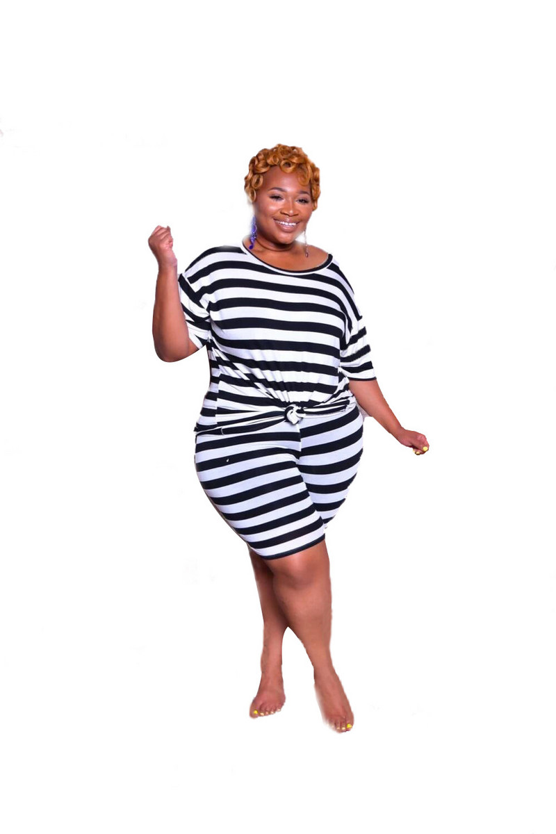 SOMO 2023 Fashion Plus Size Clothing Crew Kakla augšdaļa un īsas bikses Divdaļīgs komplekts Sieviešu svītru tērpiem Vairumtirdzniecība Dropshipping