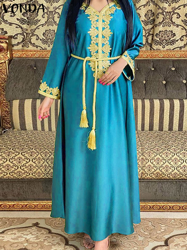 Liela izmēra 5XL VONDA Bohemian 2023 sieviešu kleita ar apdruku vasarā ar garām piedurknēm Sexy V kakla satīna ballītei Vestido ar jostu, ikdienas Maxi halāts