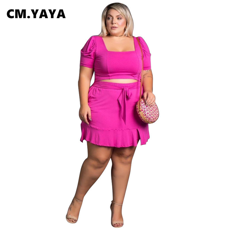 CM.YAYA sieviešu lielizmēra komplekts, ciets kvadrātveida apkakle ar īsām piedurknēm, apgriezti topi, pārsējs viduklis, īsi svārki, 2 daļīgs komplekts, seksīgs apģērbs vasarā