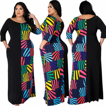 Crew Neck Plus Size Maxi Dresses Fashion Printed Casual Dress with Pockets 2022 Γυναικεία ρούχα Χονδρική Dropshipping