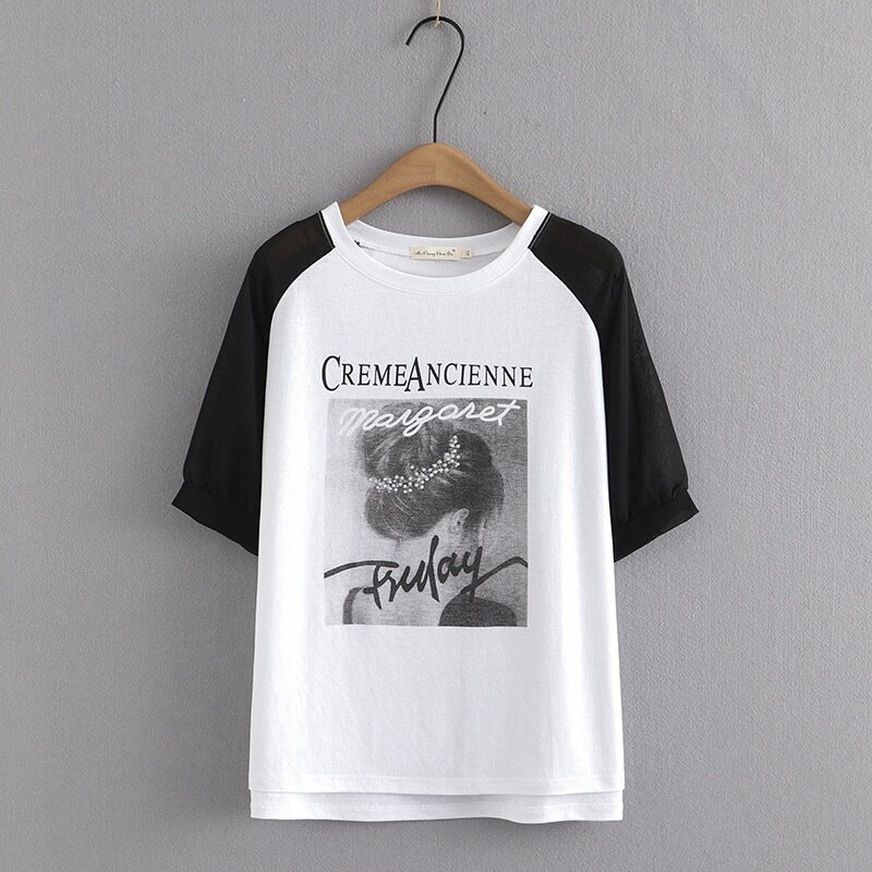 Nagy méretű női XL-4XL betűkkel nyomott nyári pólók Túlméretes patchwork női felsők divatos fehér szürke felső