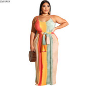 CM.YAYA Plus Size XL-5XL Καλοκαιρινή γυναικεία μόδα ριγέ στάμπα Φύλλα Μακρύ μάξι φόρεμα Bodycon Night Beach Casual φορέματα Vestidos