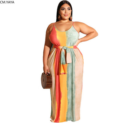 CM.YAYA Plus Size XL-5XL Καλοκαιρινή γυναικεία μόδα ριγέ στάμπα Φύλλα Μακρύ μάξι φόρεμα Bodycon Night Beach Casual φορέματα Vestidos