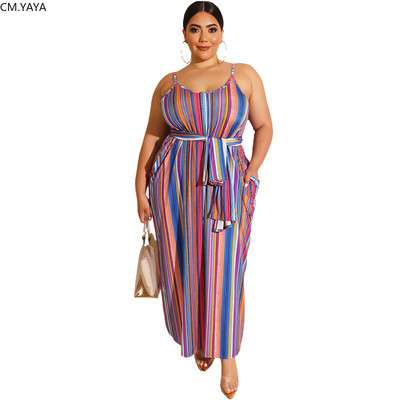 CM.YAYA Plus Size XL-5XL Καλοκαιρινή γυναικεία μόδα ριγέ στάμπα Φύλλα Μακρύ μάξι φόρεμα Bodycon Night Beach Casual φορέματα Vestidos