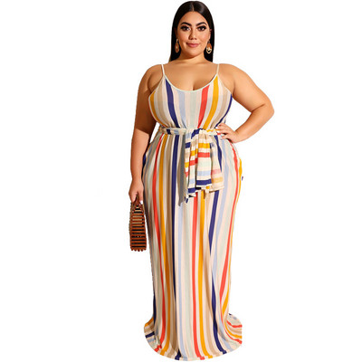CM.YAYA Plus Size XL-5XL Καλοκαιρινή γυναικεία μόδα ριγέ στάμπα Φύλλα Μακρύ μάξι φόρεμα Bodycon Night Beach Casual φορέματα Vestidos