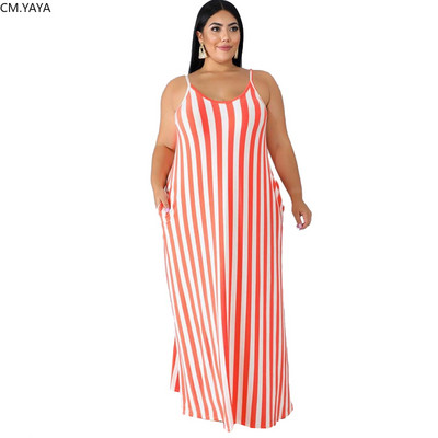 CM.YAYA Plus Size XL-5XL Καλοκαιρινή γυναικεία μόδα ριγέ στάμπα Φύλλα Μακρύ μάξι φόρεμα Bodycon Night Beach Casual φορέματα Vestidos