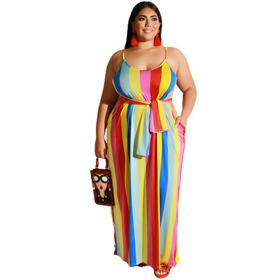 CM.YAYA Plus Size XL-5XL Καλοκαιρινή γυναικεία μόδα ριγέ στάμπα Φύλλα Μακρύ μάξι φόρεμα Bodycon Night Beach Casual φορέματα Vestidos