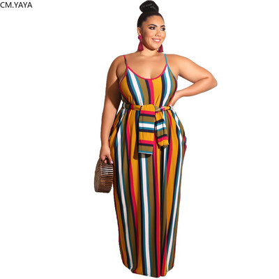 CM.YAYA Plus Size XL-5XL Καλοκαιρινή γυναικεία μόδα ριγέ στάμπα Φύλλα Μακρύ μάξι φόρεμα Bodycon Night Beach Casual φορέματα Vestidos