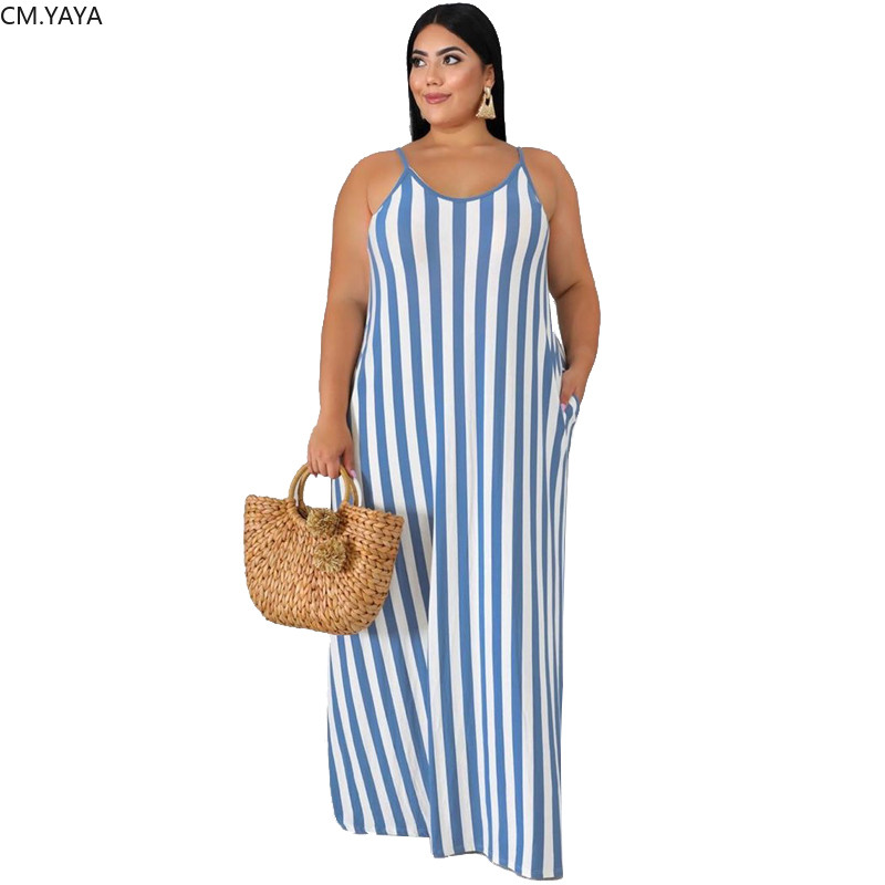 CM.YAYA Plus Size XL-5XL Καλοκαιρινή γυναικεία μόδα ριγέ στάμπα Φύλλα Μακρύ μάξι φόρεμα Bodycon Night Beach Casual φορέματα Vestidos