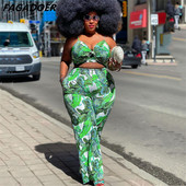 FAGADOER Liela izmēra sieviešu apģērbi XL-4XL Modes Sexy Print Siksna Bow Crop Top + Bikses Divdaļīgs komplekts Sieviešu atbilstošs ielas apģērbs