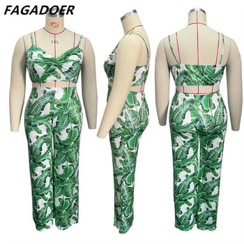 FAGADOER Plus Size Γυναικεία Ρούχα XL-4XL Μόδα σέξι στάμπα με λουράκι φιόγκο Crop + παντελόνι σετ δύο τεμαχίων Γυναικεία ασορτί ρούχα