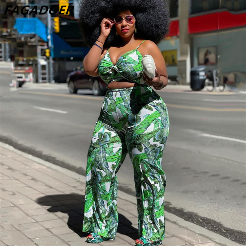 FAGADOER Liela izmēra sieviešu apģērbi XL-4XL Modes Sexy Print Siksna Bow Crop Top + Bikses Divdaļīgs komplekts Sieviešu atbilstošs ielas apģērbs