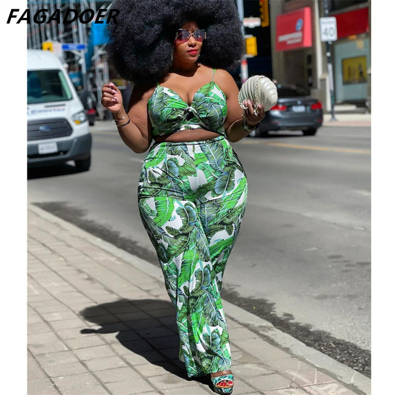 FAGADOER Liela izmēra sieviešu apģērbi XL-4XL Modes Sexy Print Siksna Bow Crop Top + Bikses Divdaļīgs komplekts Sieviešu atbilstošs ielas apģērbs