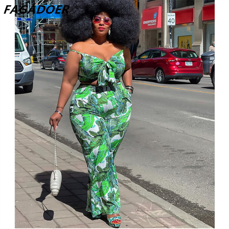 FAGADOER Liela izmēra sieviešu apģērbi XL-4XL Modes Sexy Print Siksna Bow Crop Top + Bikses Divdaļīgs komplekts Sieviešu atbilstošs ielas apģērbs