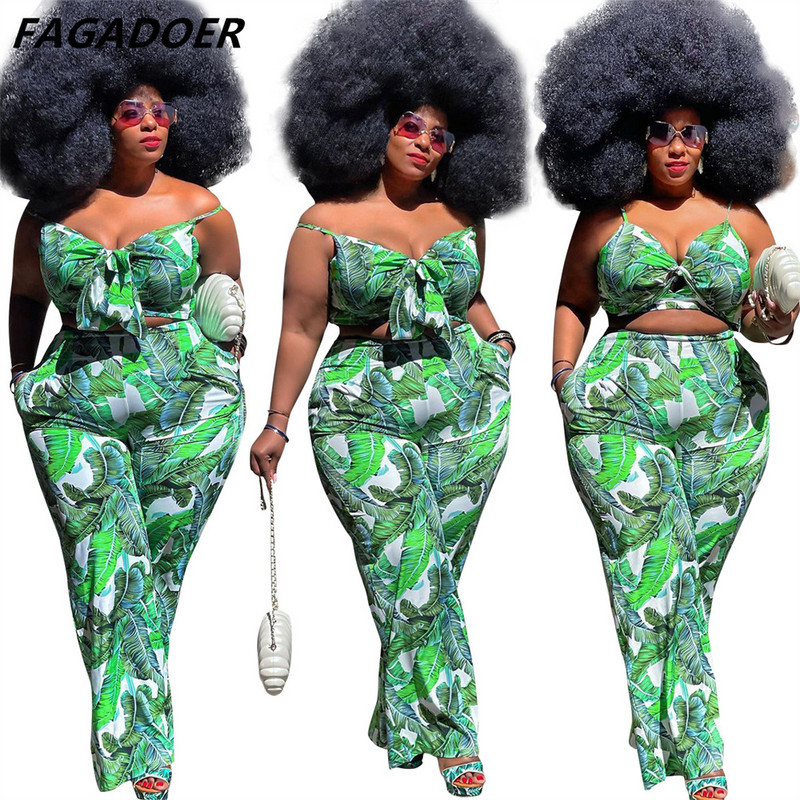 FAGADOER Liela izmēra sieviešu apģērbi XL-4XL Modes Sexy Print Siksna Bow Crop Top + Bikses Divdaļīgs komplekts Sieviešu atbilstošs ielas apģērbs