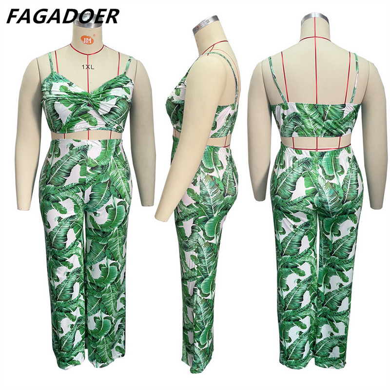 FAGADOER Liela izmēra sieviešu apģērbi XL-4XL Modes Sexy Print Siksna Bow Crop Top + Bikses Divdaļīgs komplekts Sieviešu atbilstošs ielas apģērbs