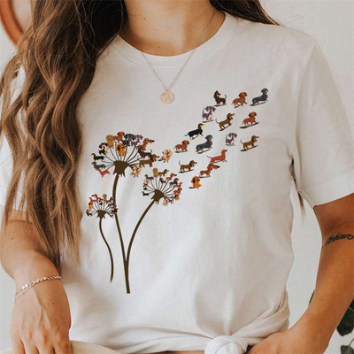 Funny Dandelion Dachshund Sieviešu T-kreklu Apģērbs Kawaii Cartoon Graphic Sieviešu T-krekls Krekls Īsām piedurknēm Tkrekls Sieviešu T-kreklu Topi
