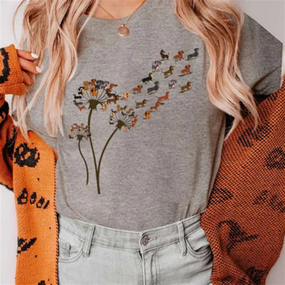 Funny Dandelion Dachshund Sieviešu T-kreklu Apģērbs Kawaii Cartoon Graphic Sieviešu T-krekls Krekls Īsām piedurknēm Tkrekls Sieviešu T-kreklu Topi