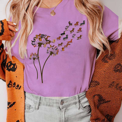 Funny Dandelion Dachshund Sieviešu T-kreklu Apģērbs Kawaii Cartoon Graphic Sieviešu T-krekls Krekls Īsām piedurknēm Tkrekls Sieviešu T-kreklu Topi