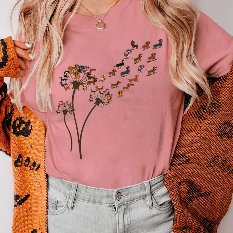 Funny Dandelion Dachshund Sieviešu T-kreklu Apģērbs Kawaii Cartoon Graphic Sieviešu T-krekls Krekls Īsām piedurknēm Tkrekls Sieviešu T-kreklu Topi