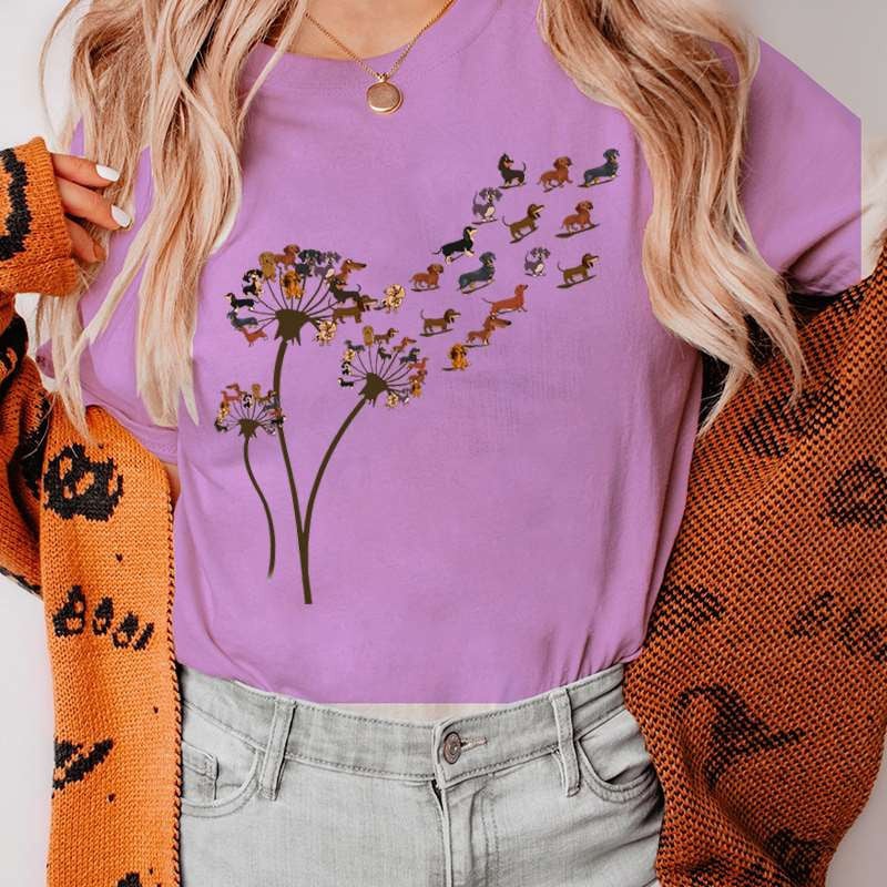 Funny Dandelion Dachshund Sieviešu T-kreklu Apģērbs Kawaii Cartoon Graphic Sieviešu T-krekls Krekls Īsām piedurknēm Tkrekls Sieviešu T-kreklu Topi