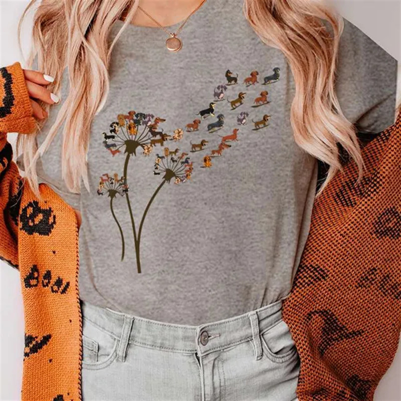 Funny Dandelion Dachshund Sieviešu T-kreklu Apģērbs Kawaii Cartoon Graphic Sieviešu T-krekls Krekls Īsām piedurknēm Tkrekls Sieviešu T-kreklu Topi
