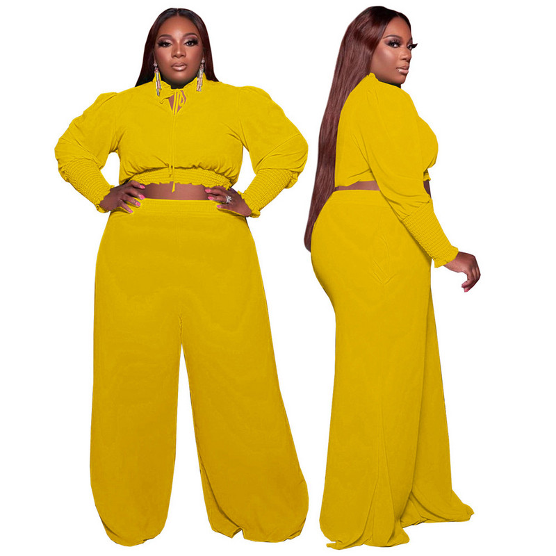 Σετ δύο τεμαχίων Γυναικεία φθινοπωρινά ρούχα σε μεγάλο μέγεθος, casual crop παντελόνια σετ μονόχρωμα ρούχα με μακρυμάνικο επίδεσμο Χονδρική Dropshipping