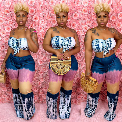 Liela izmēra divu gabalu komplekti Sieviešu apdrukas krekls un platas bikses Seksīgs Bodycon apģērbs bez piedurknēm Sieviešu modes raibs apģērbs