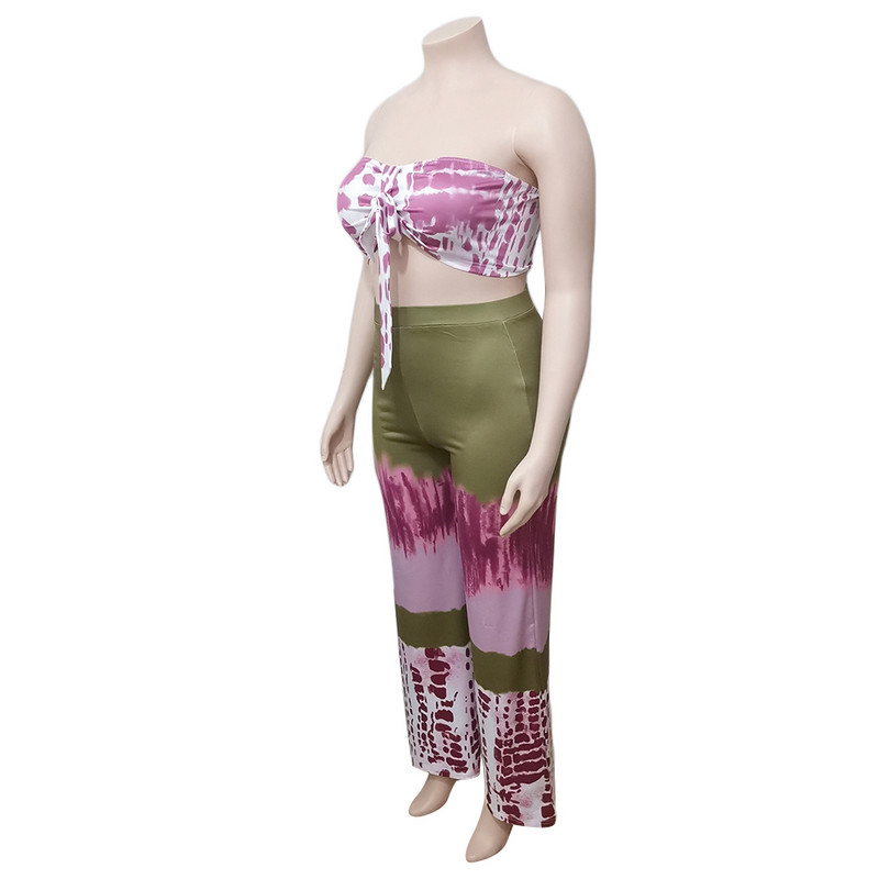 Liela izmēra divu gabalu komplekti Sieviešu apdrukas krekls un platas bikses Seksīgs Bodycon apģērbs bez piedurknēm Sieviešu modes raibs apģērbs