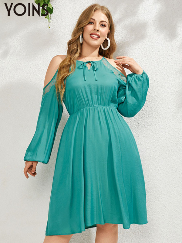 YOINS 2023 női ruha őszi nagy méretű, vállra húzott csipke felköthető tömör Vestidos hosszú ujjú, térdig érő, elegáns parti ruhák