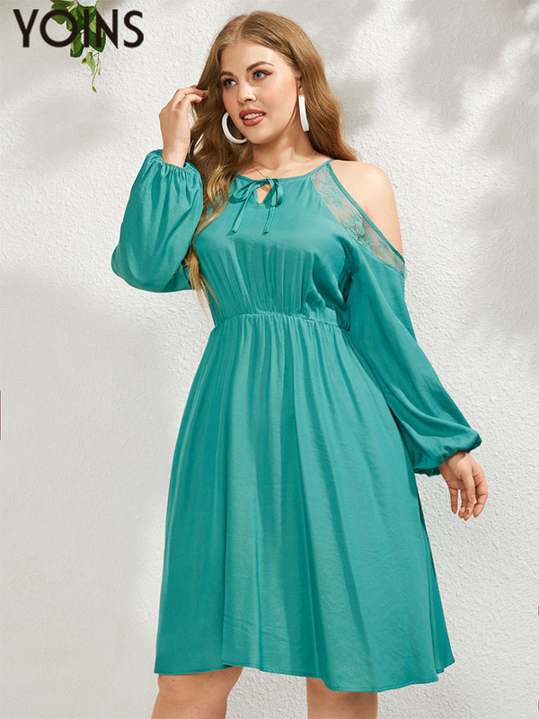YOINS 2023 női ruha őszi nagy méretű, vállra húzott csipke felköthető tömör Vestidos hosszú ujjú, térdig érő, elegáns parti ruhák