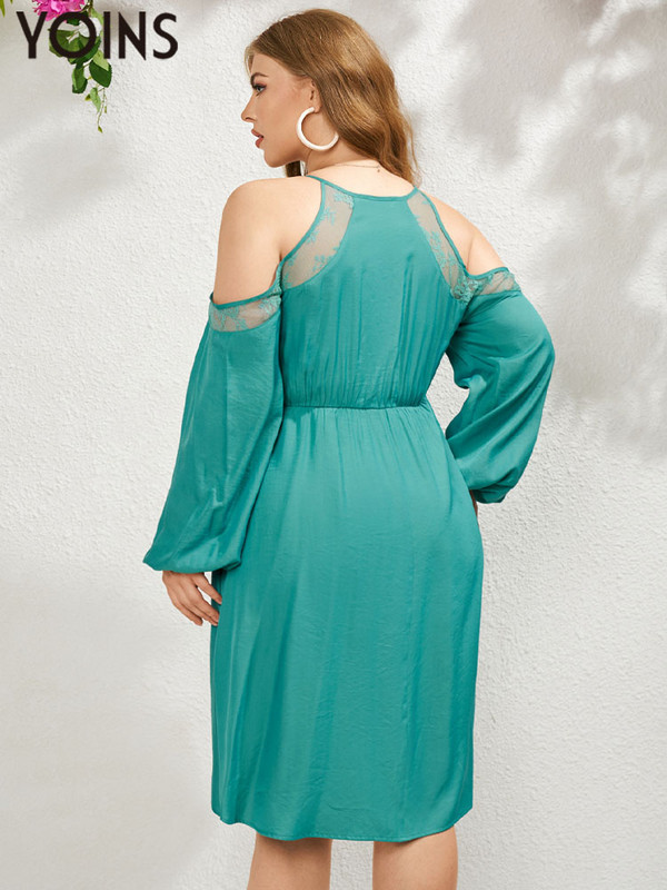 YOINS 2023 női ruha őszi nagy méretű, vállra húzott csipke felköthető tömör Vestidos hosszú ujjú, térdig érő, elegáns parti ruhák