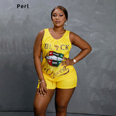 Perl Plus Size Two Piece Σετ Γυναικεία ρούχα Νέα ασορτί σετ Κίτρινο αμάνικο μπλουζάκι + σορτς Αθλητικά ρούχα