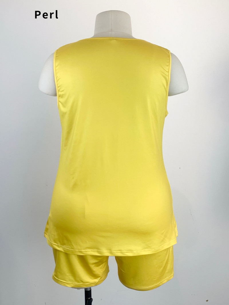 Perl Plus Size Two Piece Σετ Γυναικεία ρούχα Νέα ασορτί σετ Κίτρινο αμάνικο μπλουζάκι + σορτς Αθλητικά ρούχα
