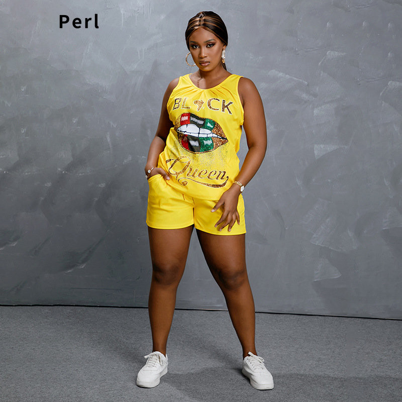 Perl Plus Size Two Piece Σετ Γυναικεία ρούχα Νέα ασορτί σετ Κίτρινο αμάνικο μπλουζάκι + σορτς Αθλητικά ρούχα