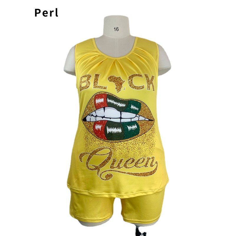 Perl Plus Size Two Piece Σετ Γυναικεία ρούχα Νέα ασορτί σετ Κίτρινο αμάνικο μπλουζάκι + σορτς Αθλητικά ρούχα