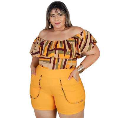 Plus Size 4XL σετ δύο τεμαχίων για γυναίκες με κοντό μανίκι Slash λαιμόκοψη στη μέση γεωμετρική εκτύπωση πάνω από το γόνατο Χονδρική Dropshipping
